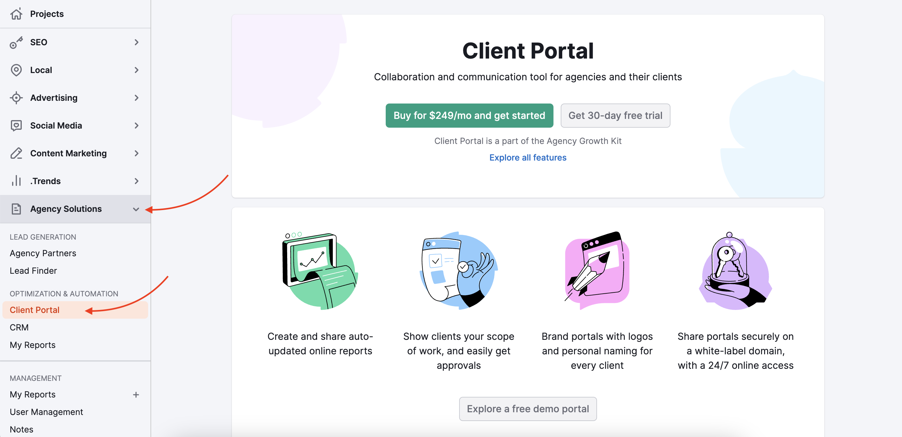 A Client Portal starting page. Two red arrows highlight menu sections on the left - Agency Solutions and Client Portal under it.